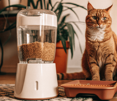 A black-and-white cat eating from an automated smart feeder.