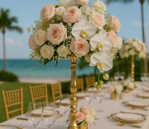 Elegant close-up of luxury event table settings with floral arrangements, gold accents, and premium decor by Las Carolinas Ev