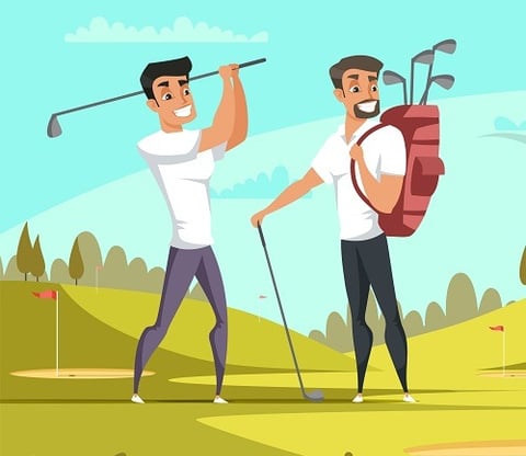Golfer putts, another watches with competitive smile and scorecard, showing group play rivalry
