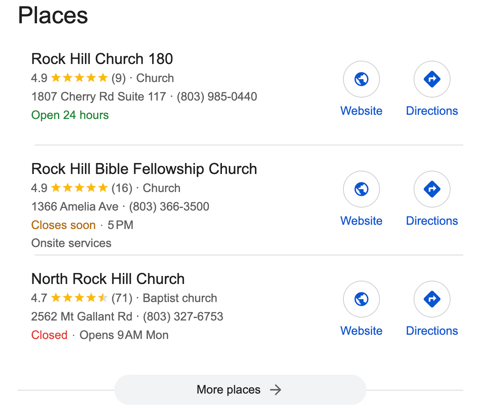 phone screen showing local 3 pack of churches