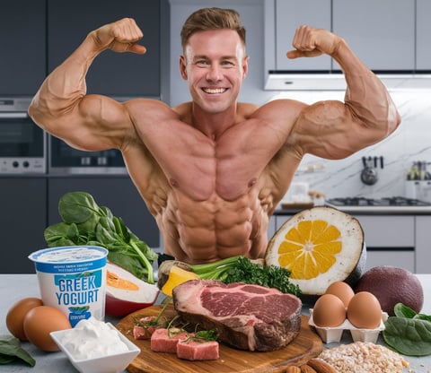 A muscular guy top naked with bunch of healthy rich proteins food ahead of him