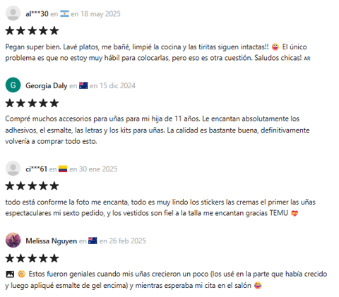 captura de pantalla de testimonios de usuarios que compraron en Temu y están satisfechos