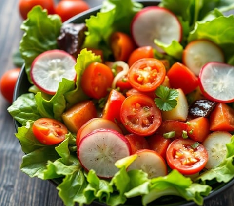 a bowl of salad with tomatoes and radishes