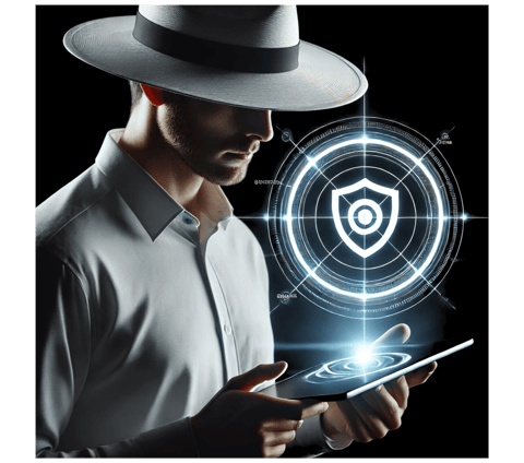 a man in a white hat holding a tablet with a shield 