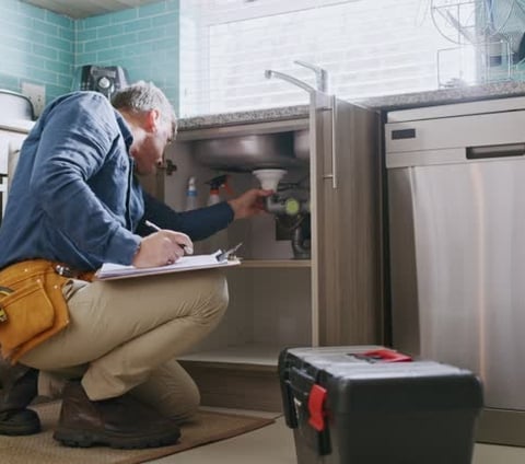 plumber taking notes as he inspects an undersink pipe