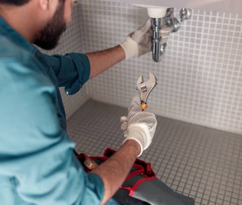 plumber aiming where he is going to slot his adjustable wrench to turn the pipe