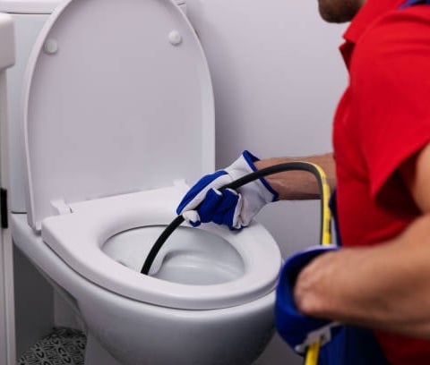 plumber sucking water out of a toilet with a hose