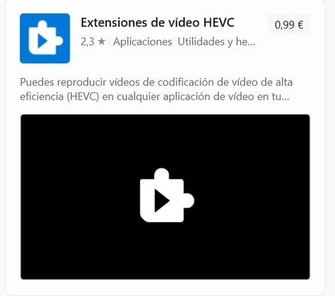 Captura de Microsoft Store de las Extensiones de vídeo HEVC que cuestan 0,99€.