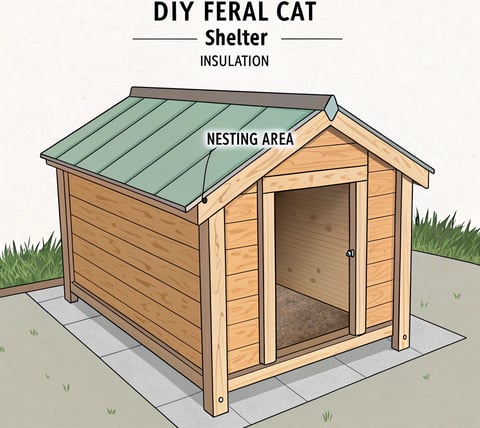 A labeled illustration of a DIY feral cat shelter with insulation and a covered entrance