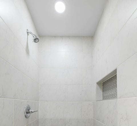 Image of tiled walk-in shower with recessed shelf and spotlight