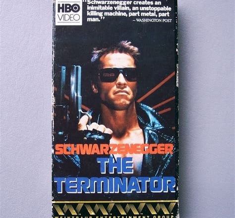 Alt text: First print VHS tape of The Terminator starring Arnold Schwarzenegger.