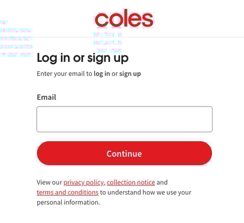 Coles login and sign-up page for creating an online shopping account