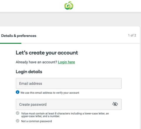 Woolworths account creation page for online grocery shopping setup.