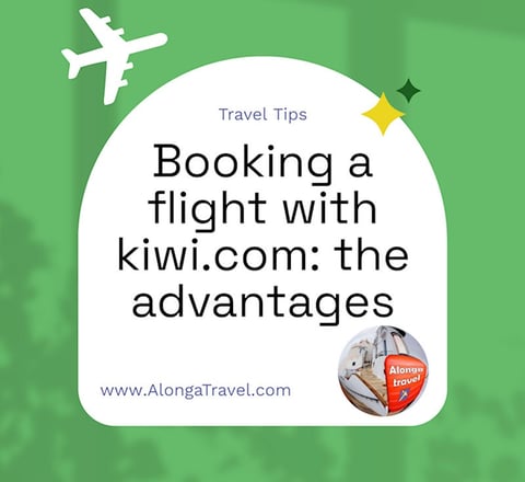 A custom round sign on green background that says 'Booking a flight with kiwi.com: the advantages'