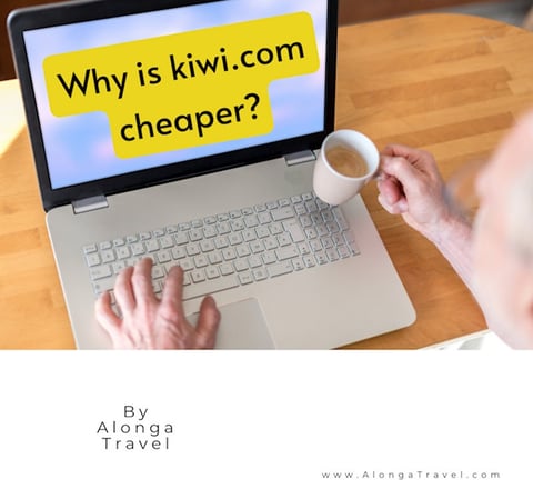 An open laptop with a sign on the screen saying 'Why kiwi.com is cheaper?'