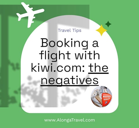 A round custom sign on a background with shadows that says 'Booking a flight with kiwi: the negative