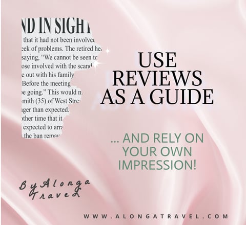 A review torn diagonally & a sign: 'Use travel reviews as a guide & rely on your own opinion'