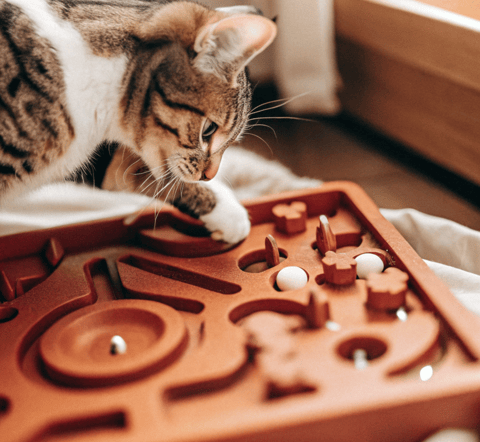 A tabby cat playing with a puzzle feeder to get treats.