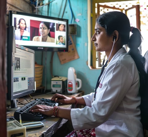 a woman in a white lab coat sitting at a computer for telemedicine
