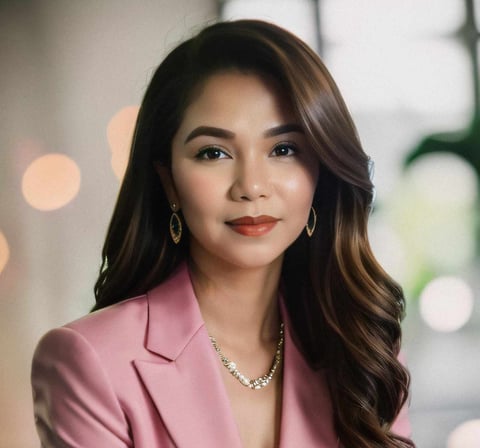 a woman in a pink suit and earrings