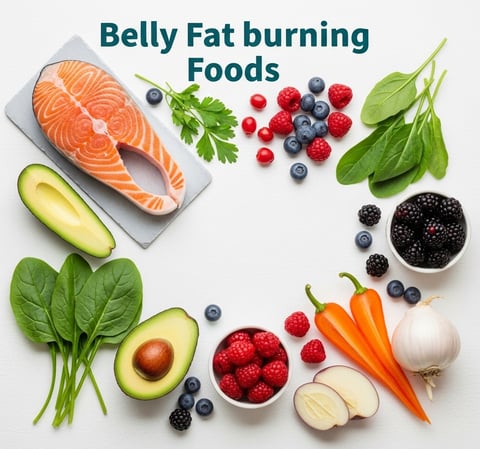 Colorful arrangement of belly fat burning foods including salmon, avocado, berries, and leafy greens