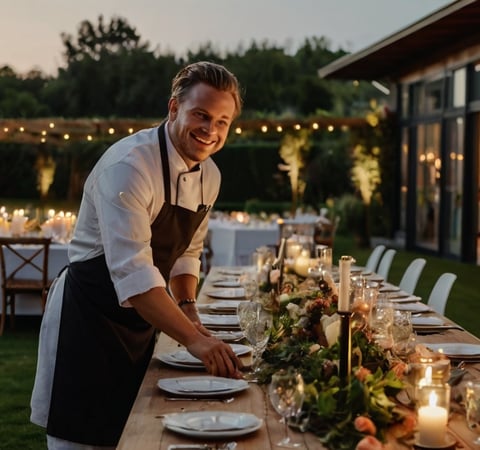 Chef cuisinant pour 10 invités lors d’un mariage en petit comité