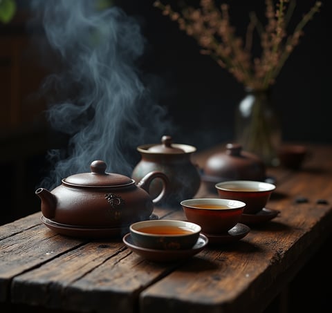 a teapot with a teapot and cups of tea