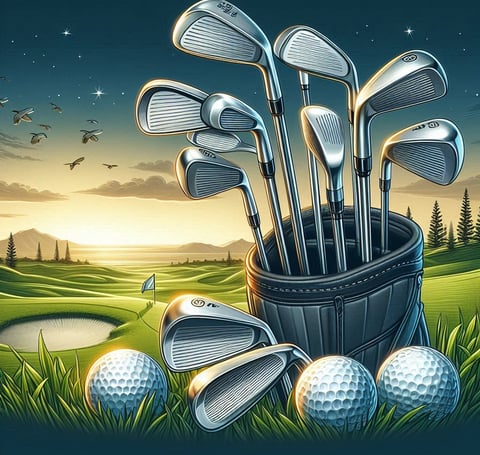 "Golf clubs arranged in a bag, with golf balls scattered on a lush golf course. A vibrant sunset i