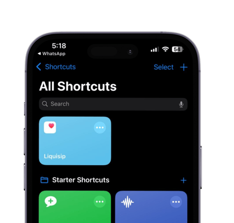 Liquisip shortcuts app