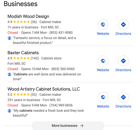 a phone screen showing a list of business and business services