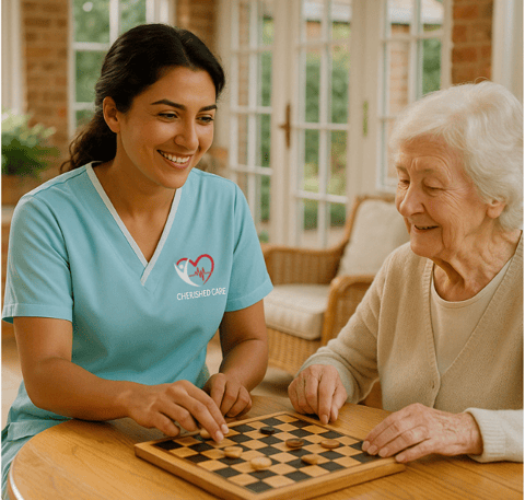 cherished care care assistant proving companionship services playing board game