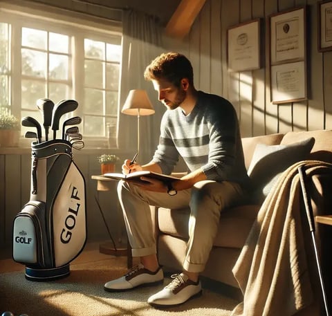 Golfer on tee box holds driver and iron, pondering club choice, showing solo strategy testing