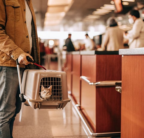 A cat inside a soft-sided carrier being checked in for a flight