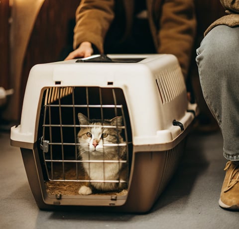 A relaxed cat in a carrier before vaccination