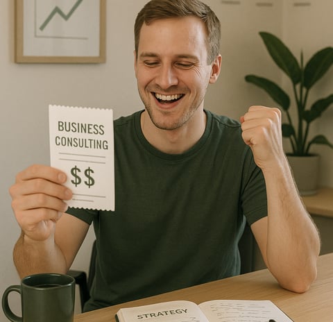 Business owner getting a low cost bill for business consulting and profits are up.