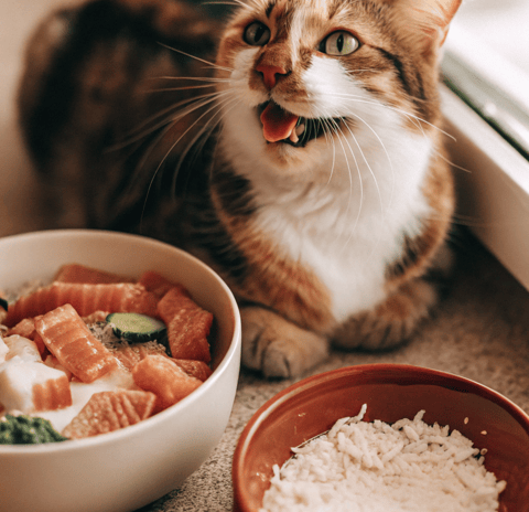 Healthy and happy cat eating safe food.