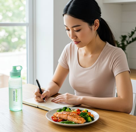 a woman is writing on a notebook while she is sitting at a table