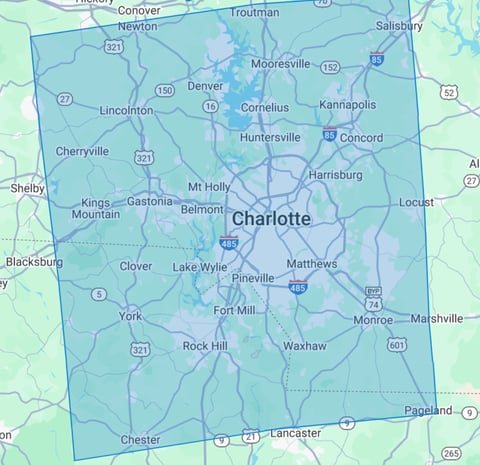 square service area around Charlotte North Carolina for Mothership Roofing