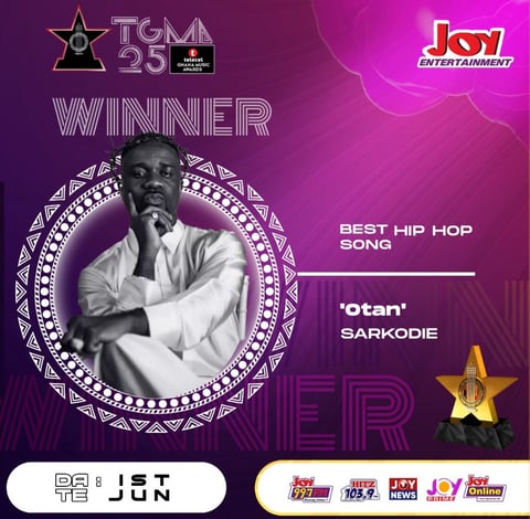 TGMA poster showing Sarkodie as the winner of the Best Hip Hop Song. with Otan.