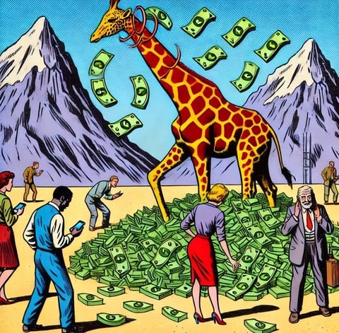 An image of a giraffe earning cash whilst others work hard for him