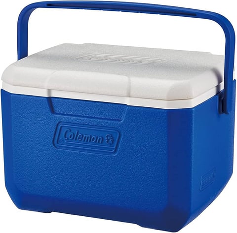 a blue cooler with a handle and a handle