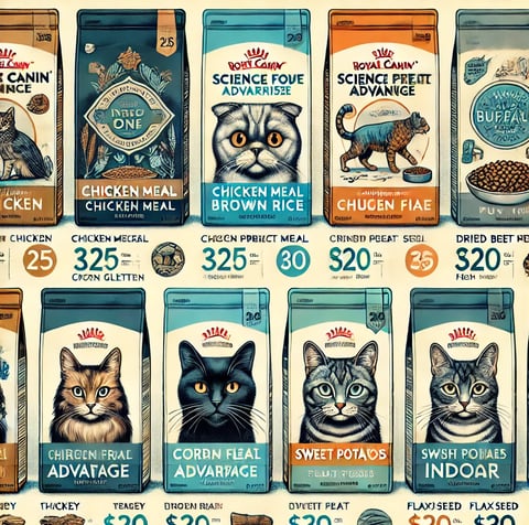 Affordable cat food brands displayed with price and nutrition labels