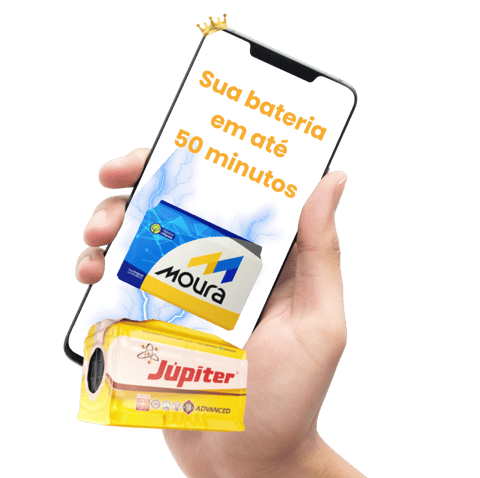 Mão segurando celular com texto "Sua bateria em até 50 minutos", exibindo baterias Moura e Júpiter.