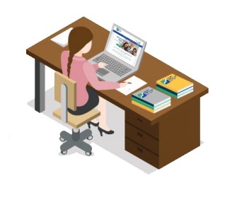 a woman sitting at a desk with a laptop and a laptop