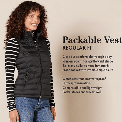 Amazon Essentials Women's Packable Puffer Vest providing versatile warmth for cool climate vacations