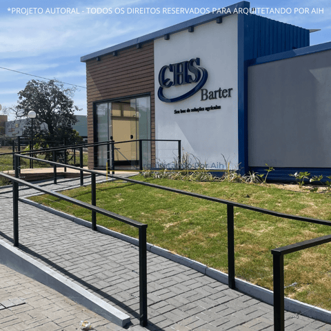 ESCRITÓRIO CONTAINER VISTA FRONTAL COM RAMPA DE ACESSIBILIDADE E LOGO
