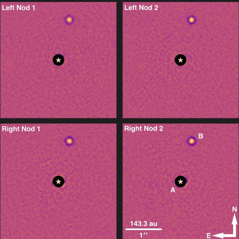 4-panel figure showing a directly imaged brown dwarf companion as observed by the Large Binocular Telescope.
