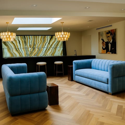 Blue tufted sofas in a stylish lounge with skylight, onyx bar, pendant lights, and James Bond art.