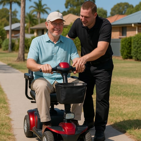 Friendly staff member providing scooter support for a customer outside their home