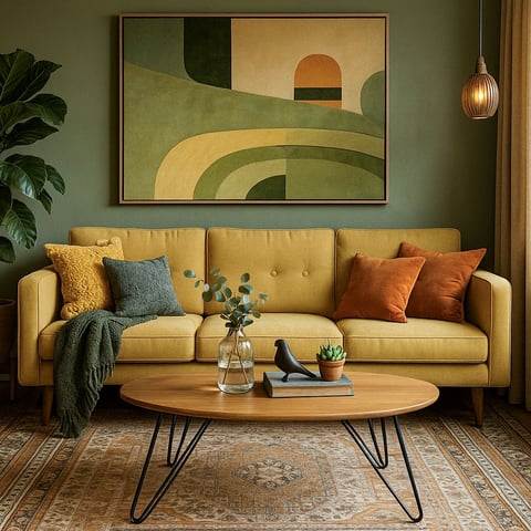 Mid-Century Modern living room with curved olive sofa, abstract wall art, and wood coffee table